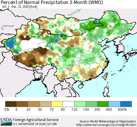 China, Mongolia and Taiwan Percent of Normal Precipitation 3-Month (WMO) Thematic Map For 10/1/2020 - 12/31/2020