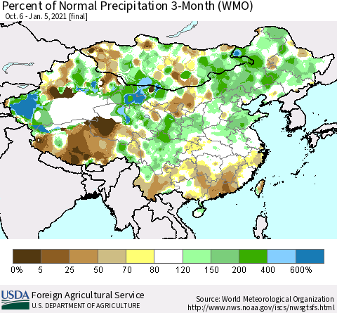 China, Mongolia and Taiwan Percent of Normal Precipitation 3-Month (WMO) Thematic Map For 10/6/2020 - 1/5/2021