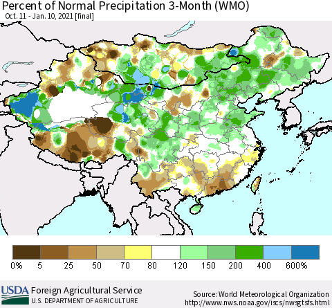 China, Mongolia and Taiwan Percent of Normal Precipitation 3-Month (WMO) Thematic Map For 10/11/2020 - 1/10/2021