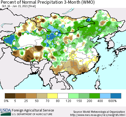 China, Mongolia and Taiwan Percent of Normal Precipitation 3-Month (WMO) Thematic Map For 10/16/2020 - 1/15/2021