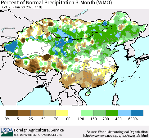 China, Mongolia and Taiwan Percent of Normal Precipitation 3-Month (WMO) Thematic Map For 10/21/2020 - 1/20/2021