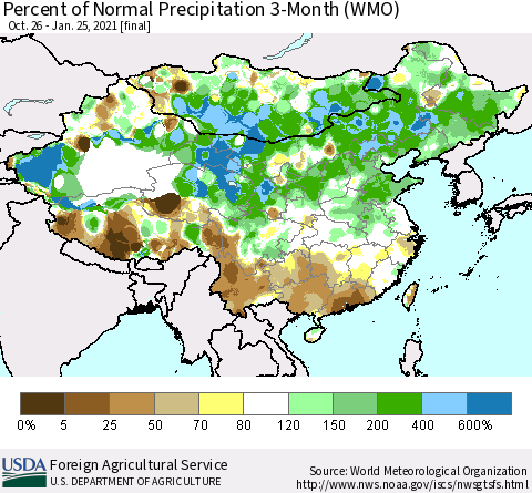 China, Mongolia and Taiwan Percent of Normal Precipitation 3-Month (WMO) Thematic Map For 10/26/2020 - 1/25/2021
