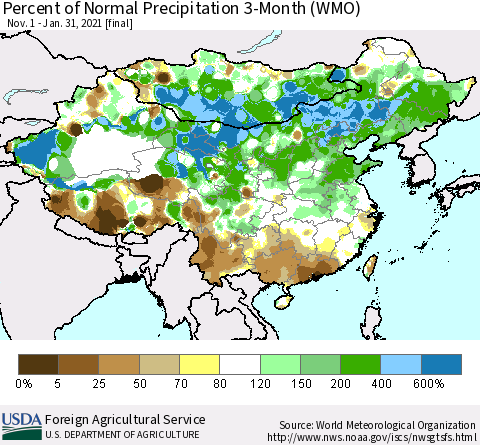 China, Mongolia and Taiwan Percent of Normal Precipitation 3-Month (WMO) Thematic Map For 11/1/2020 - 1/31/2021