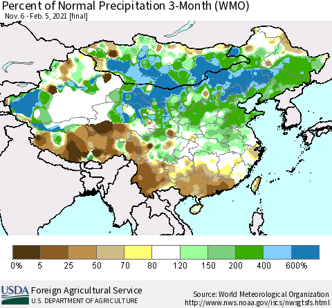 China, Mongolia and Taiwan Percent of Normal Precipitation 3-Month (WMO) Thematic Map For 11/6/2020 - 2/5/2021