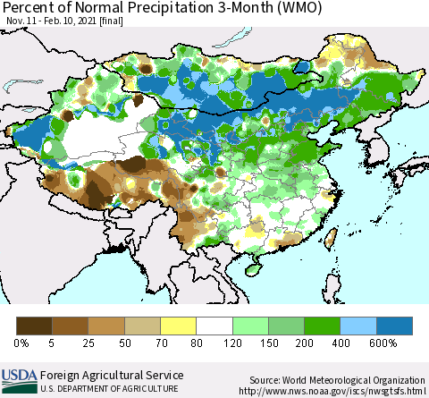 China, Mongolia and Taiwan Percent of Normal Precipitation 3-Month (WMO) Thematic Map For 11/11/2020 - 2/10/2021
