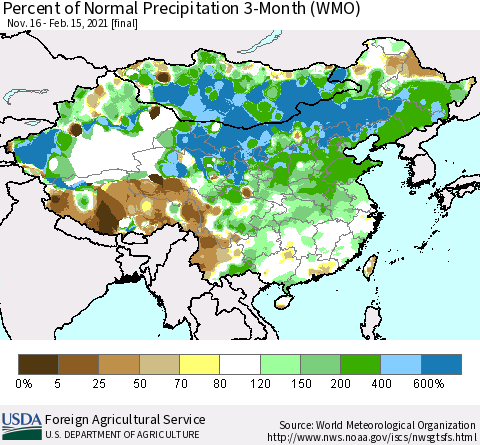 China, Mongolia and Taiwan Percent of Normal Precipitation 3-Month (WMO) Thematic Map For 11/16/2020 - 2/15/2021