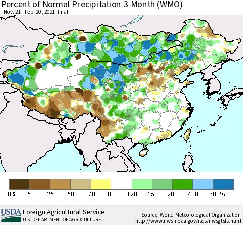 China, Mongolia and Taiwan Percent of Normal Precipitation 3-Month (WMO) Thematic Map For 11/21/2020 - 2/20/2021