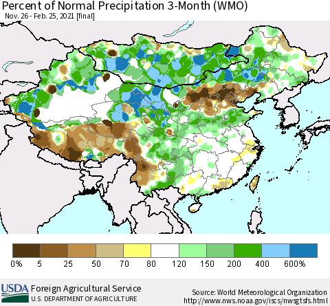 China, Mongolia and Taiwan Percent of Normal Precipitation 3-Month (WMO) Thematic Map For 11/26/2020 - 2/25/2021
