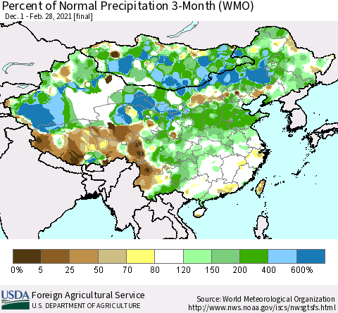 China, Mongolia and Taiwan Percent of Normal Precipitation 3-Month (WMO) Thematic Map For 12/1/2020 - 2/28/2021