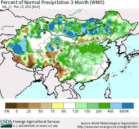 China, Mongolia and Taiwan Percent of Normal Precipitation 3-Month (WMO) Thematic Map For 12/11/2020 - 3/10/2021