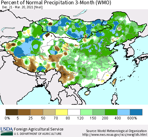 China, Mongolia and Taiwan Percent of Normal Precipitation 3-Month (WMO) Thematic Map For 12/21/2020 - 3/20/2021