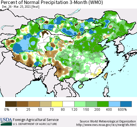 China, Mongolia and Taiwan Percent of Normal Precipitation 3-Month (WMO) Thematic Map For 12/26/2020 - 3/25/2021