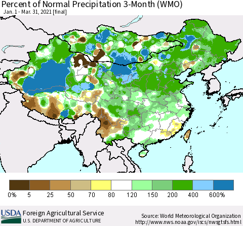 China, Mongolia and Taiwan Percent of Normal Precipitation 3-Month (WMO) Thematic Map For 1/1/2021 - 3/31/2021