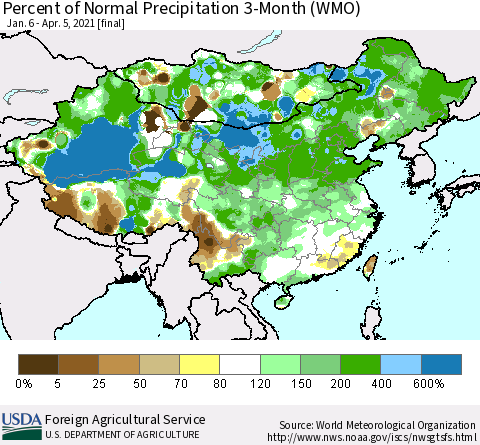 China, Mongolia and Taiwan Percent of Normal Precipitation 3-Month (WMO) Thematic Map For 1/6/2021 - 4/5/2021
