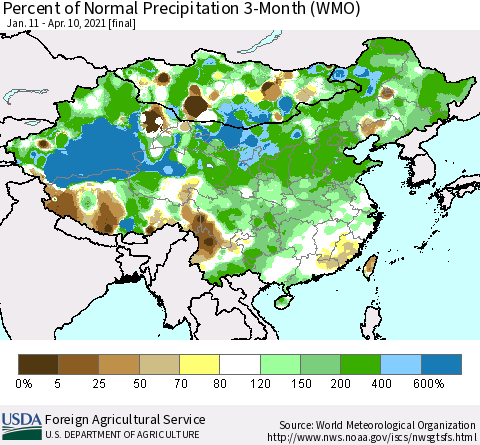 China, Mongolia and Taiwan Percent of Normal Precipitation 3-Month (WMO) Thematic Map For 1/11/2021 - 4/10/2021