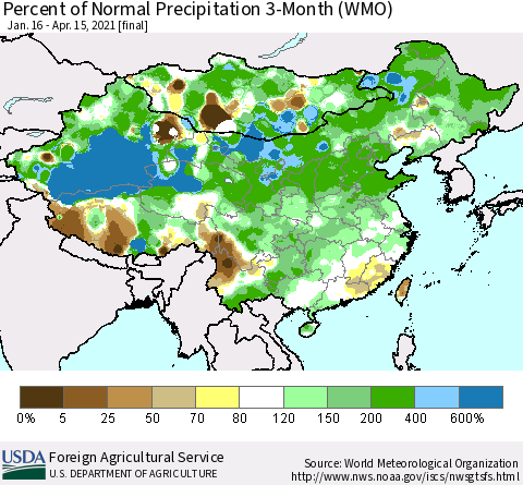 China, Mongolia and Taiwan Percent of Normal Precipitation 3-Month (WMO) Thematic Map For 1/16/2021 - 4/15/2021