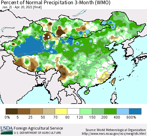 China, Mongolia and Taiwan Percent of Normal Precipitation 3-Month (WMO) Thematic Map For 1/21/2021 - 4/20/2021