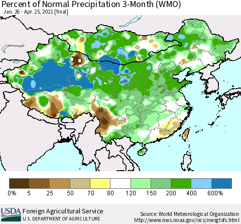 China, Mongolia and Taiwan Percent of Normal Precipitation 3-Month (WMO) Thematic Map For 1/26/2021 - 4/25/2021