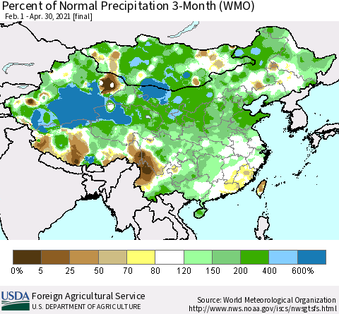 China, Mongolia and Taiwan Percent of Normal Precipitation 3-Month (WMO) Thematic Map For 2/1/2021 - 4/30/2021