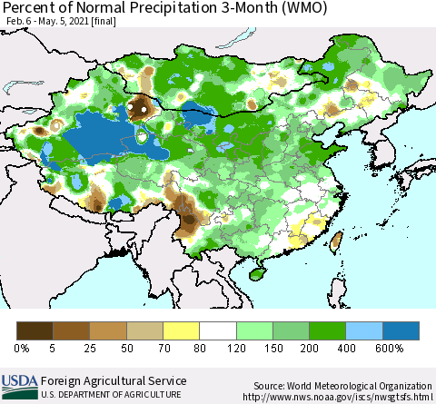 China, Mongolia and Taiwan Percent of Normal Precipitation 3-Month (WMO) Thematic Map For 2/6/2021 - 5/5/2021