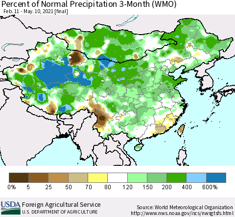 China, Mongolia and Taiwan Percent of Normal Precipitation 3-Month (WMO) Thematic Map For 2/11/2021 - 5/10/2021