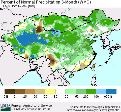 China, Mongolia and Taiwan Percent of Normal Precipitation 3-Month (WMO) Thematic Map For 2/16/2021 - 5/15/2021
