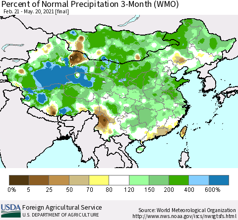 China, Mongolia and Taiwan Percent of Normal Precipitation 3-Month (WMO) Thematic Map For 2/21/2021 - 5/20/2021