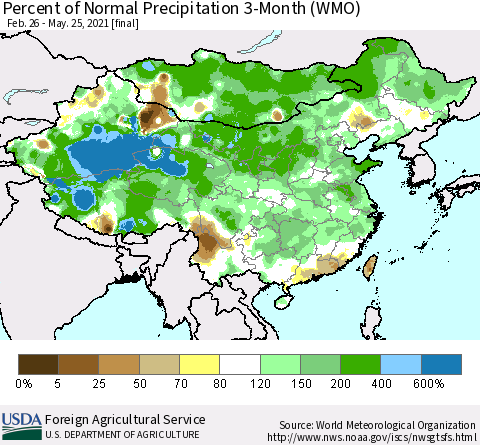 China, Mongolia and Taiwan Percent of Normal Precipitation 3-Month (WMO) Thematic Map For 2/26/2021 - 5/25/2021