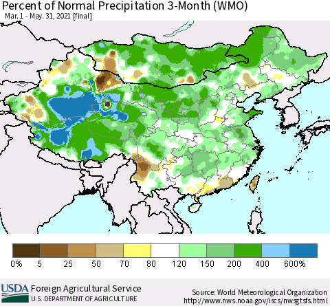 China, Mongolia and Taiwan Percent of Normal Precipitation 3-Month (WMO) Thematic Map For 3/1/2021 - 5/31/2021