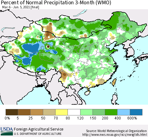 China, Mongolia and Taiwan Percent of Normal Precipitation 3-Month (WMO) Thematic Map For 3/6/2021 - 6/5/2021