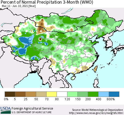 China, Mongolia and Taiwan Percent of Normal Precipitation 3-Month (WMO) Thematic Map For 3/11/2021 - 6/10/2021