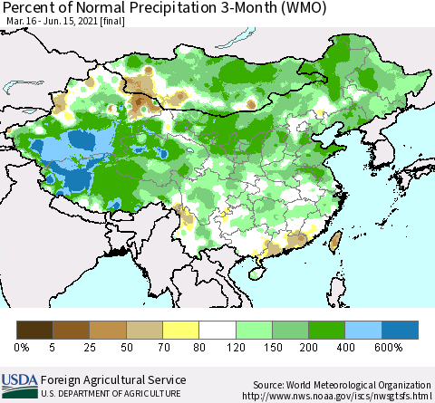 China, Mongolia and Taiwan Percent of Normal Precipitation 3-Month (WMO) Thematic Map For 3/16/2021 - 6/15/2021