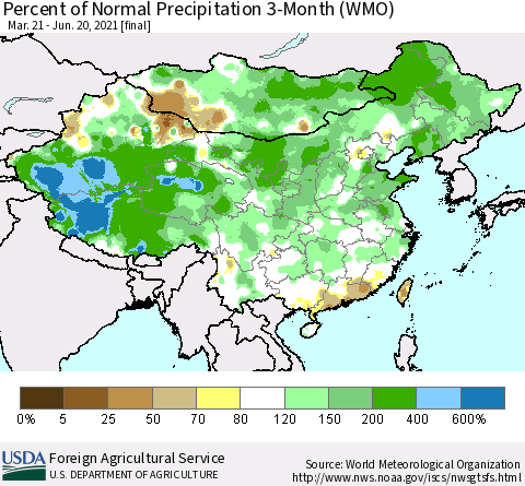 China, Mongolia and Taiwan Percent of Normal Precipitation 3-Month (WMO) Thematic Map For 3/21/2021 - 6/20/2021