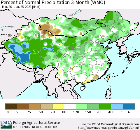 China, Mongolia and Taiwan Percent of Normal Precipitation 3-Month (WMO) Thematic Map For 3/26/2021 - 6/25/2021