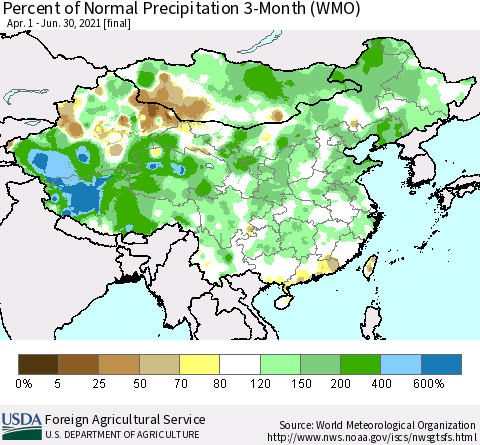 China, Mongolia and Taiwan Percent of Normal Precipitation 3-Month (WMO) Thematic Map For 4/1/2021 - 6/30/2021