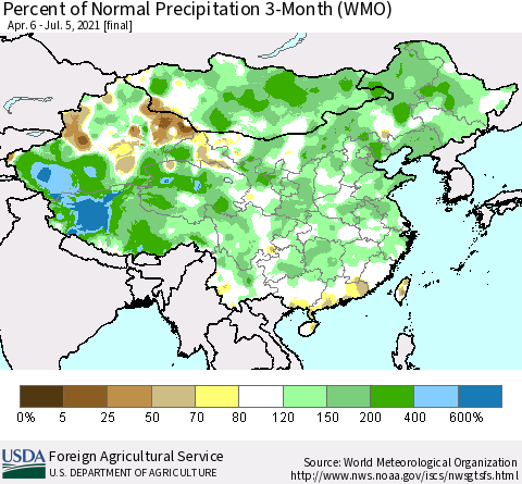 China, Mongolia and Taiwan Percent of Normal Precipitation 3-Month (WMO) Thematic Map For 4/6/2021 - 7/5/2021