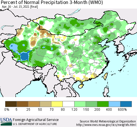 China, Mongolia and Taiwan Percent of Normal Precipitation 3-Month (WMO) Thematic Map For 4/16/2021 - 7/15/2021