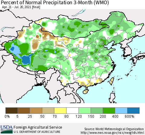 China, Mongolia and Taiwan Percent of Normal Precipitation 3-Month (WMO) Thematic Map For 4/21/2021 - 7/20/2021