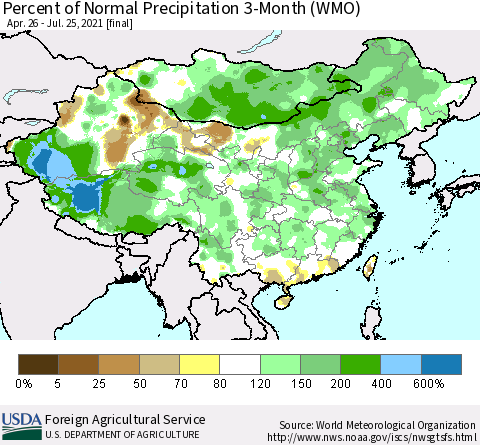 China, Mongolia and Taiwan Percent of Normal Precipitation 3-Month (WMO) Thematic Map For 4/26/2021 - 7/25/2021