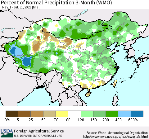 China, Mongolia and Taiwan Percent of Normal Precipitation 3-Month (WMO) Thematic Map For 5/1/2021 - 7/31/2021