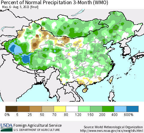 China, Mongolia and Taiwan Percent of Normal Precipitation 3-Month (WMO) Thematic Map For 5/6/2021 - 8/5/2021