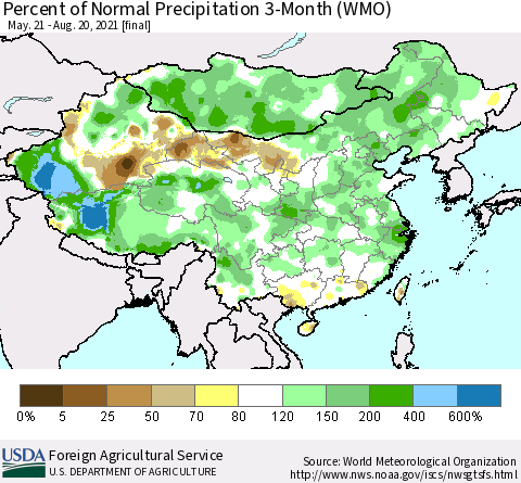 China, Mongolia and Taiwan Percent of Normal Precipitation 3-Month (WMO) Thematic Map For 5/21/2021 - 8/20/2021