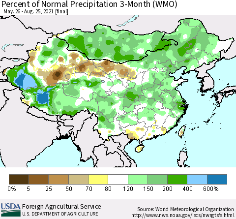 China, Mongolia and Taiwan Percent of Normal Precipitation 3-Month (WMO) Thematic Map For 5/26/2021 - 8/25/2021
