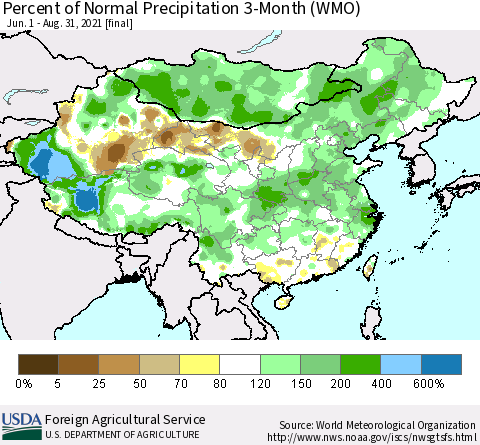 China, Mongolia and Taiwan Percent of Normal Precipitation 3-Month (WMO) Thematic Map For 6/1/2021 - 8/31/2021
