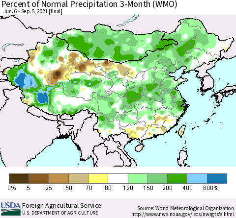 China, Mongolia and Taiwan Percent of Normal Precipitation 3-Month (WMO) Thematic Map For 6/6/2021 - 9/5/2021