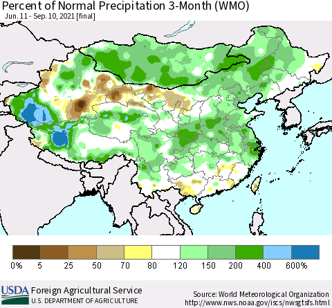 China, Mongolia and Taiwan Percent of Normal Precipitation 3-Month (WMO) Thematic Map For 6/11/2021 - 9/10/2021