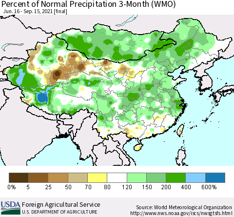 China, Mongolia and Taiwan Percent of Normal Precipitation 3-Month (WMO) Thematic Map For 6/16/2021 - 9/15/2021