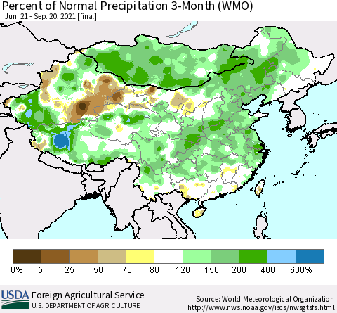 China, Mongolia and Taiwan Percent of Normal Precipitation 3-Month (WMO) Thematic Map For 6/21/2021 - 9/20/2021