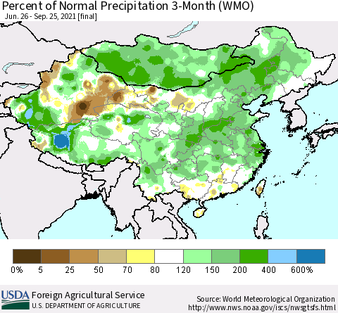 China, Mongolia and Taiwan Percent of Normal Precipitation 3-Month (WMO) Thematic Map For 6/26/2021 - 9/25/2021