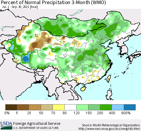 China, Mongolia and Taiwan Percent of Normal Precipitation 3-Month (WMO) Thematic Map For 7/1/2021 - 9/30/2021
